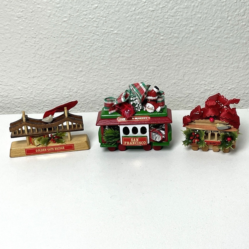 VTG San Francisco Wooden Christmas Ornaments Cable Car Golden Gate Bridge Lot 3
